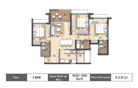 3 BHK 1050 - 1100 SqFt